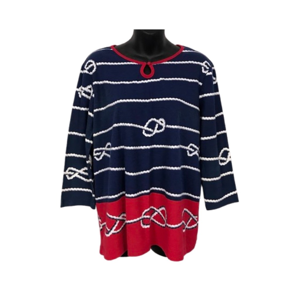 Rebecca Malone Nautical Rope Medieval Blue Print‎ Top Navy Red 3/4 Sleeve Size L